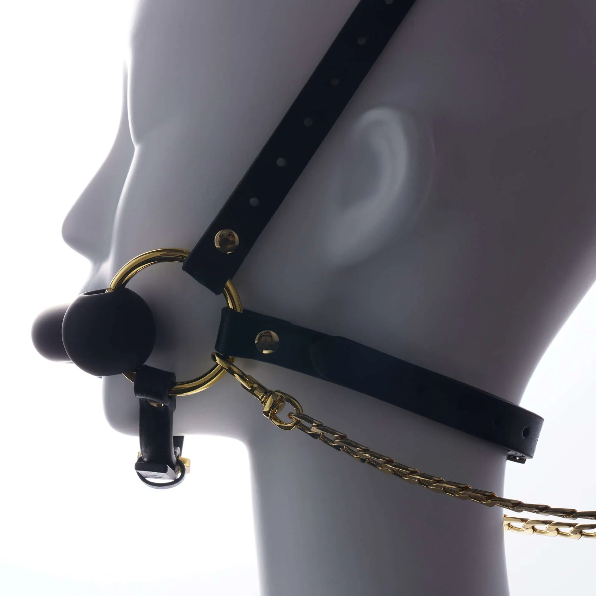 Adjustable Leather Head Restraint Harness Mouth Gag With Leash