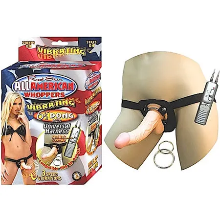 All American Whoppersvibrating 6.5-Inch Dong With Universasl Harness - Flesh