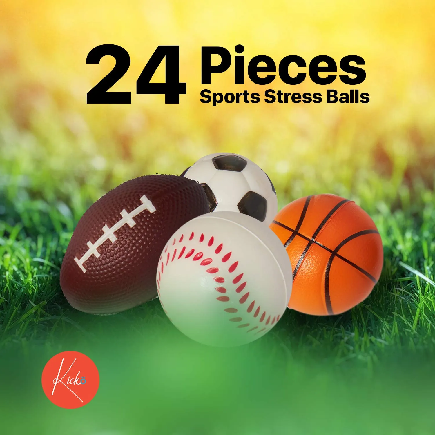 Kicko Sports Stress Balls - Pack of 24 2.5 Inch Assorted Squeeze Balls for Stress Relief